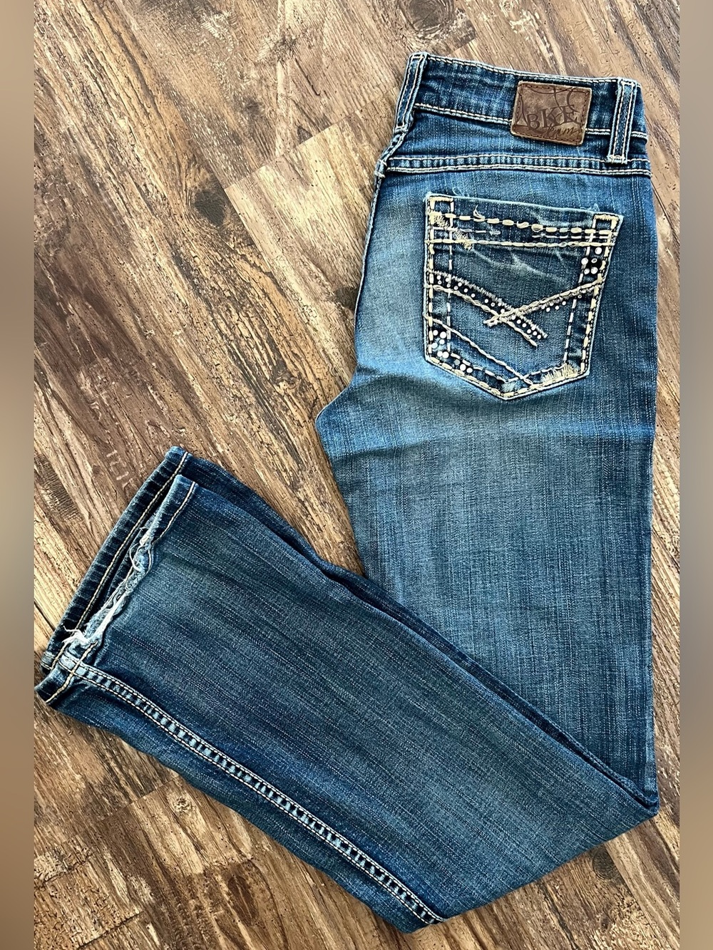 BKE Women's Blue Bootcut Jeans with Embellished Back Pockets